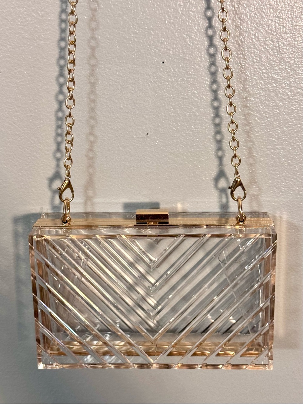 Clear Acrylic Chevron Box Clutch with Gold Chain
